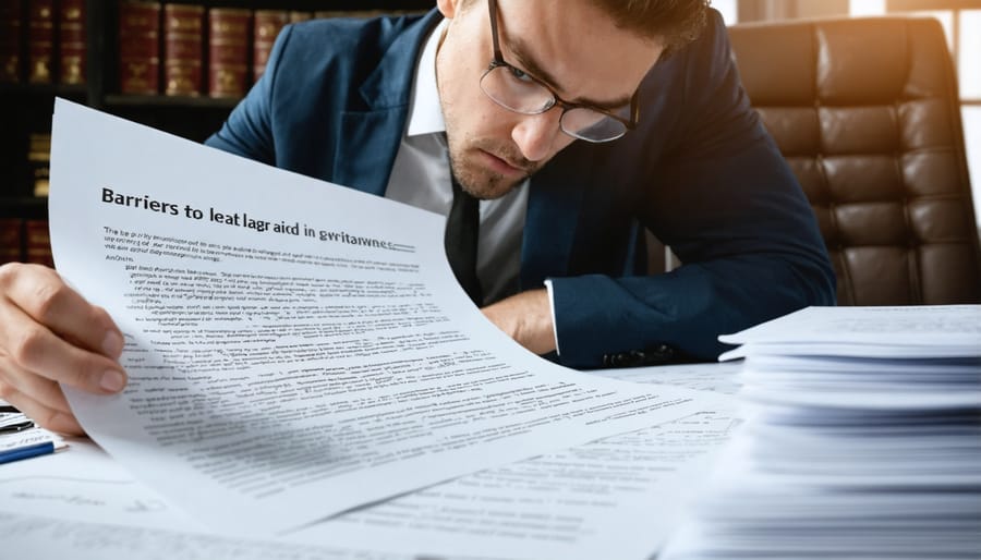 A concerned person reviewing legal documents, illustrating the challenges in accessing legal aid for vaping issues