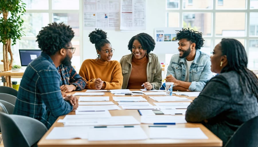 Diverse community members collaborating with legal aid professionals to address vaping-related legal challenges, highlighting empowerment and support in West Toronto's low-income communities.