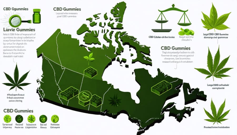 A conceptual map of Canada showing provincial variations in the legal status of CBD gummies, overlaid with icons representing legal research and compliance.